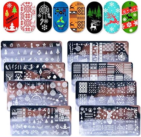 Tingbeauty 8PCS Nail Art Stamping Plates Christmas Snowflake Santa Christmas Socks Tree Bell Nail Stamp Template for DIY Nail Decoration