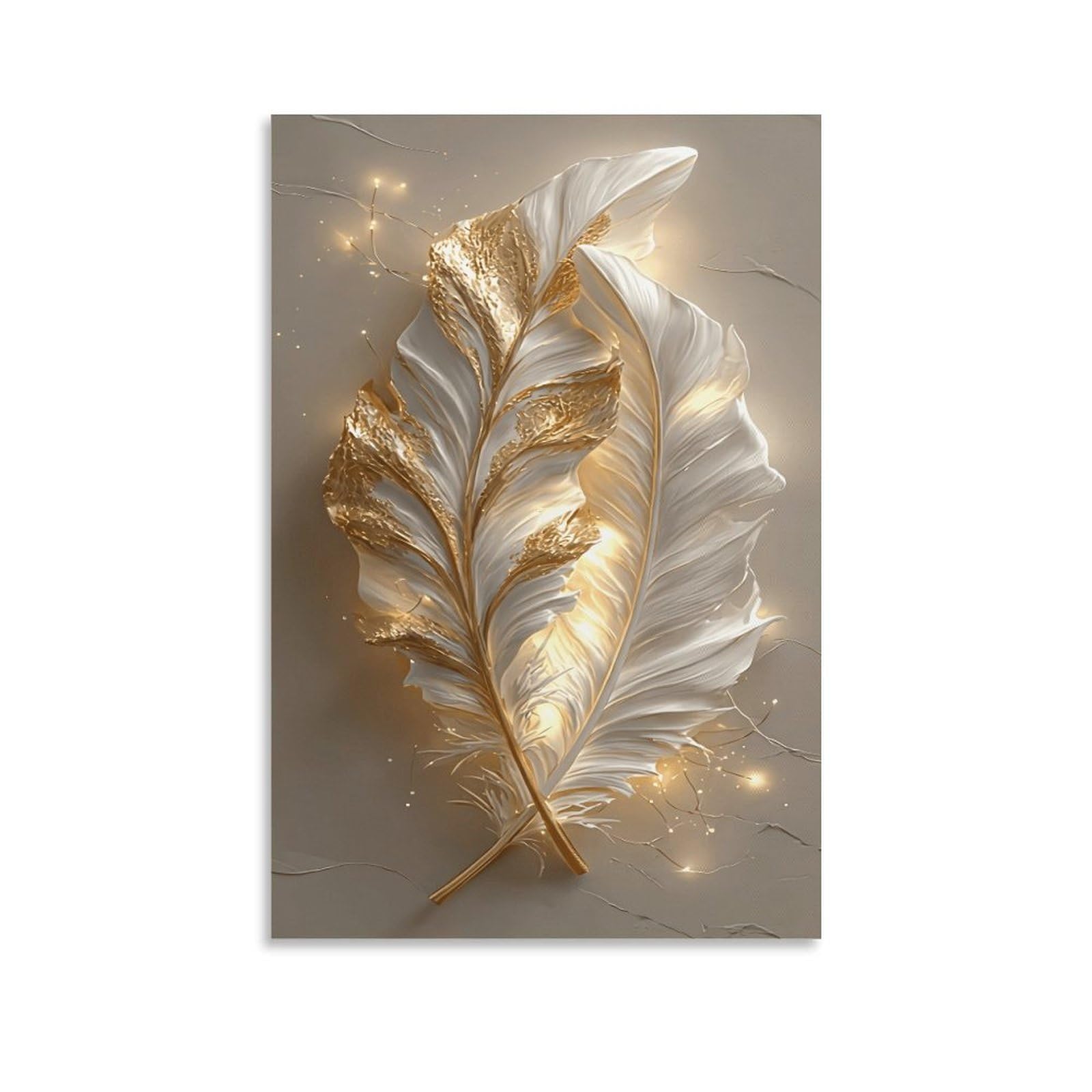 XPASHIQWC White & Gold Feathers Wall Decor Poster Canvas Prints Picture Modern Wall Art Picture Wall Hanging for Bathroom Wall Decor 20x30inch(50x75cm)
