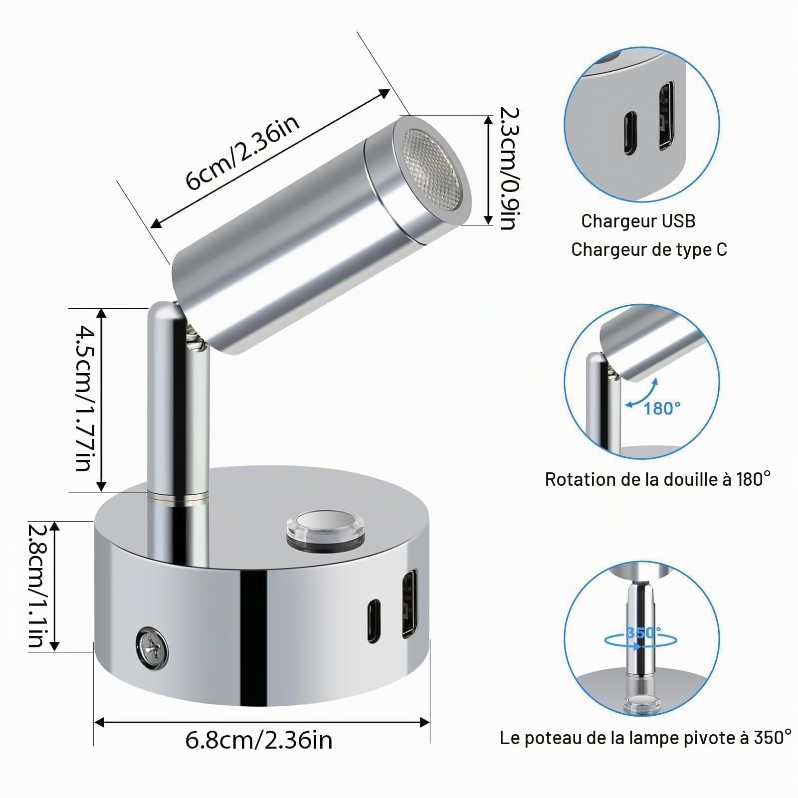 ERWEY 2pcs Lampe de lecture LED 12V camping-car,Applique murale lampe de lit avec interrupteur Touch Dimmable 3000K-6000K, DC 12V-24V avec connecteurs USB A+C pour bateau voiture van yacht, argent