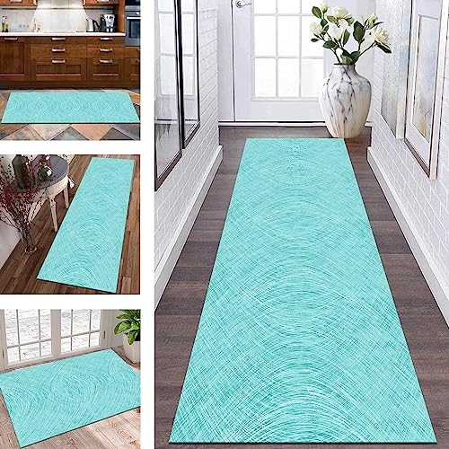 Tapis de couloir au mètre cyan rétro lavable et antidérapant - 2