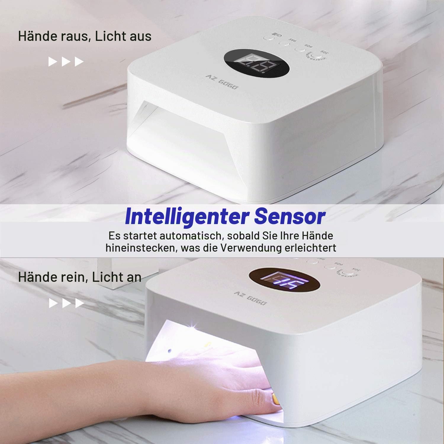 AZ GOGO 72W Nageltrockner LED UV Lampe für Gelnägel, Professionelle UV Nagellampe mit 30/60/99s Timer, Infrarot Sensor, LCD Display, Auto-Sensor, Geeignet für alle Gel, Wiederaufladbare & Tragbare