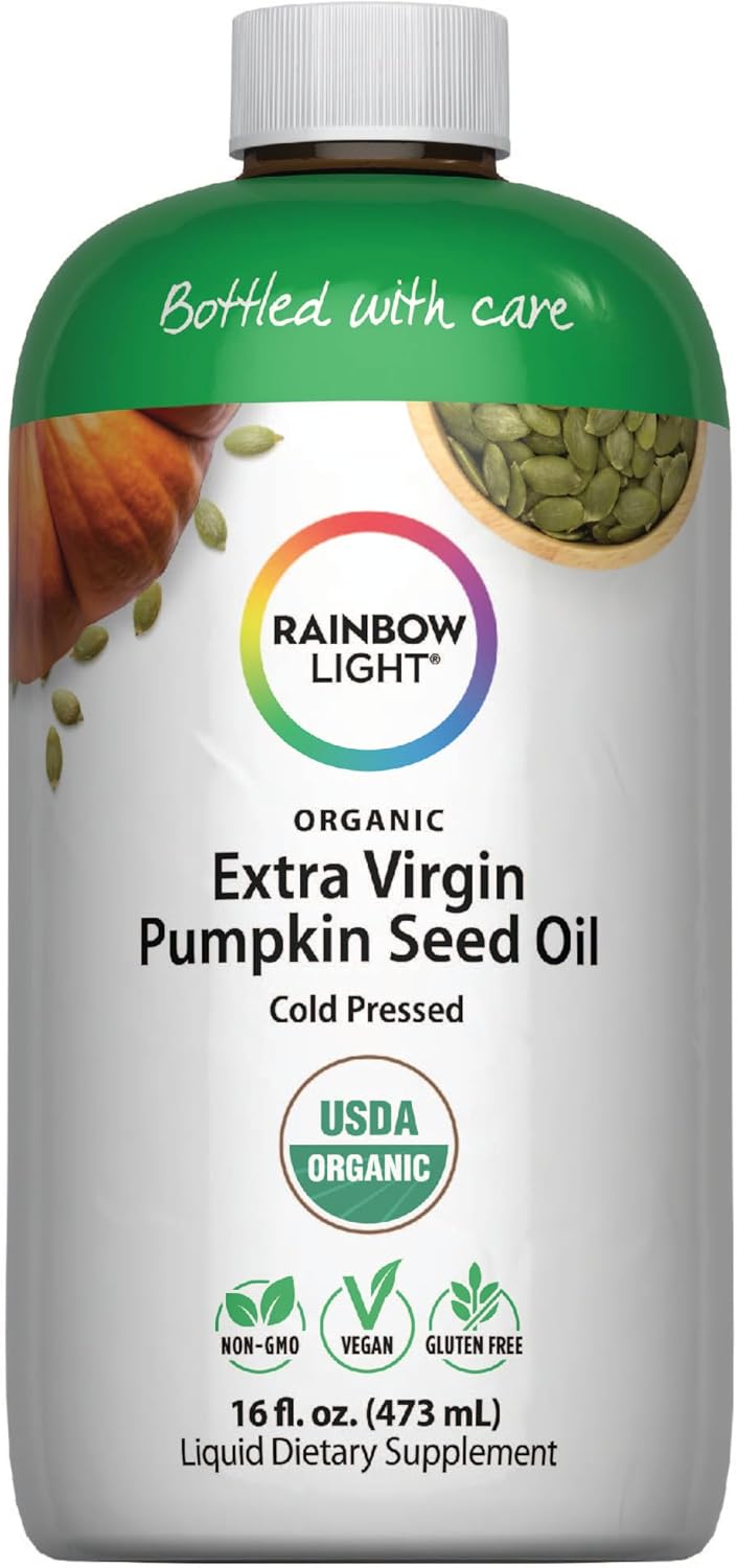 Rainbow Light Organic Extra Virgin Pumpkin Seed Oil | 16 Fl Oz | Cold Pressed Liquid Extract | Potent Source of Omega 6 and 9 Fatty Acids | Non-GMO and Gluten Free Supplement