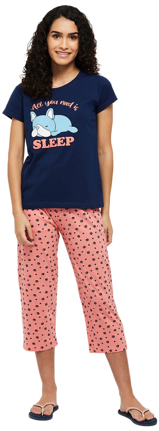 Women Nylon Printed Round Neck Capris Set T-Shirt with Capris