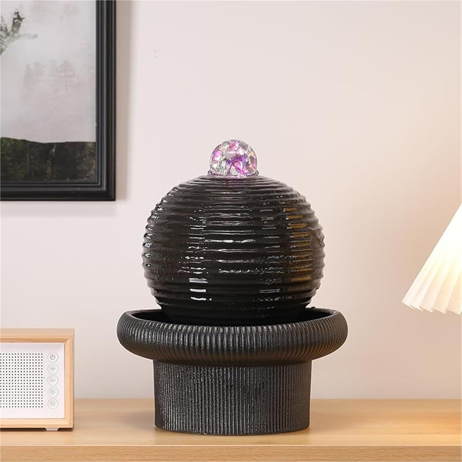 Tabletop Water Fountain with LED Light, Black Ceramic, Round Shape, Fluorescent Flowing Water(Small 8 * 10inches)