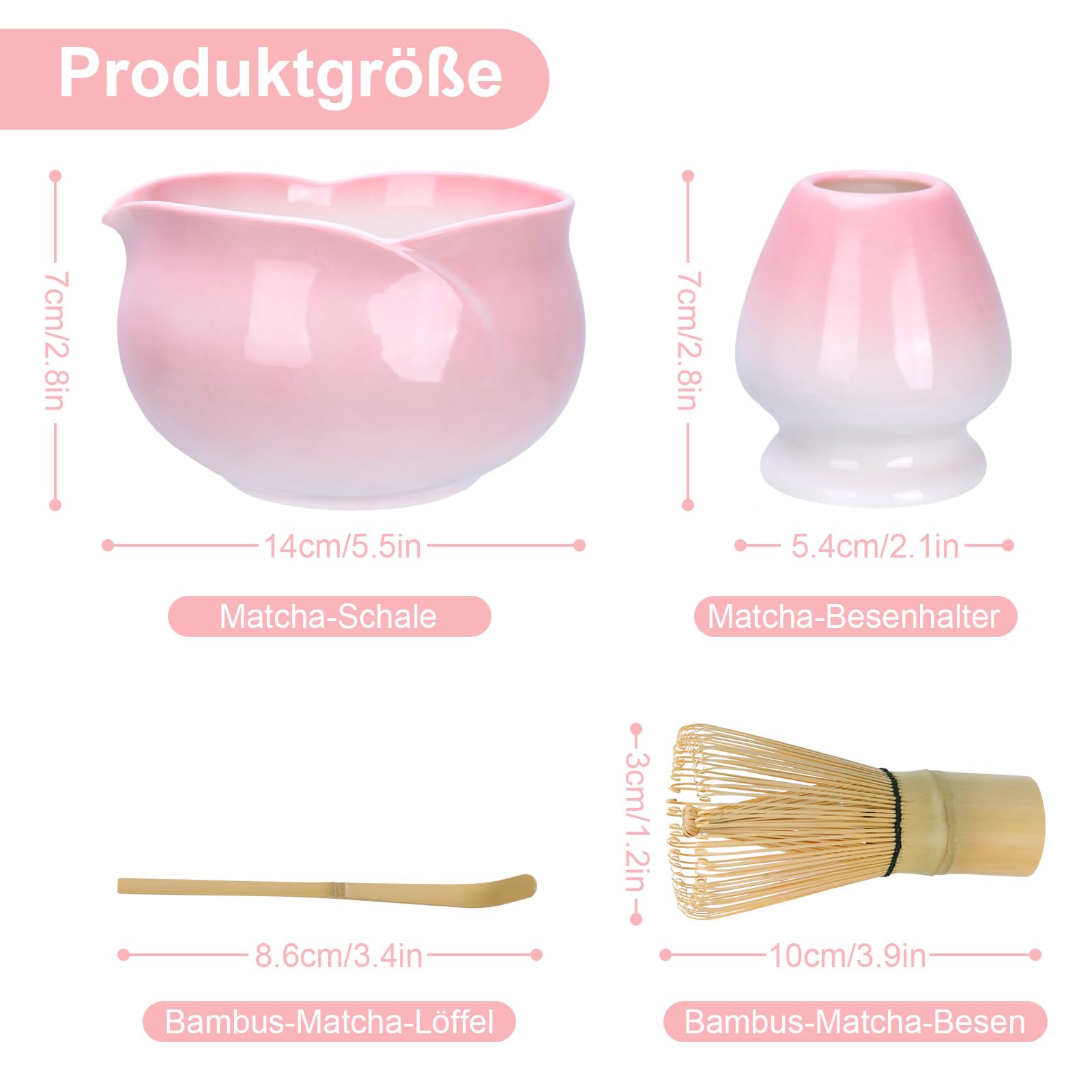 Matcha, set matcha, rosa, a forma di petale, ciotola per matcha, con beccuccio, agitatore e supporto, cucchiaio per matcha, set da tè matcha, set da 4 pezzi, rosa per gli amanti del matcha