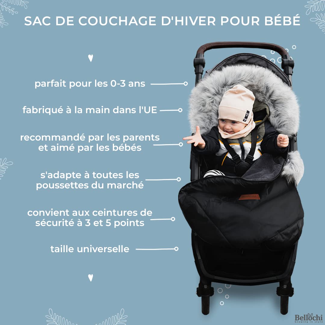 Bellochi Chanceliere Universelle pour Poussette - Chanceliere Cosy et Chaude avec Fermeture Éclair - Capuche Réglable et Col Fourrure Amovible (X - Noir)