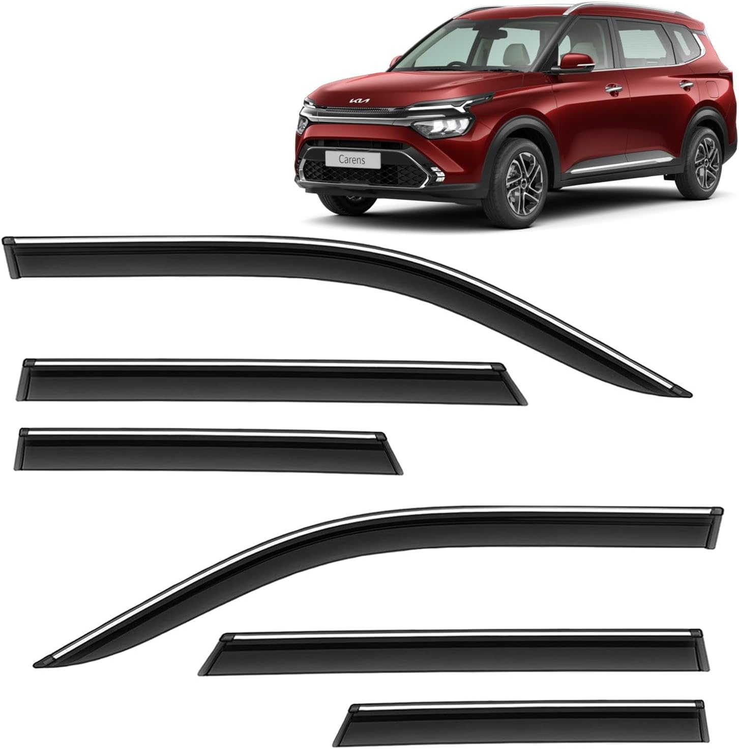 KINGSWAY Accessories Chrome Lining Door Visor Only Compatible with Kia Carens (Year 2022 to 2025) All Model, Premium Chromeline Unbreakable Car Rain Guard Side Rear Wind Deflectors, Set of 6 Pcs