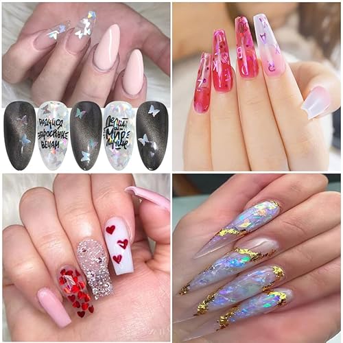 4 Boxes Glitter Nail Art Sequins, Holographic Love Heart Butterfly Letters Iridescent Glitter Flakes Decorations, 3D Laser Sparkly Nail Art Design Supplies For Women Girls Manicure Resin Nail Art Tips #TOP5