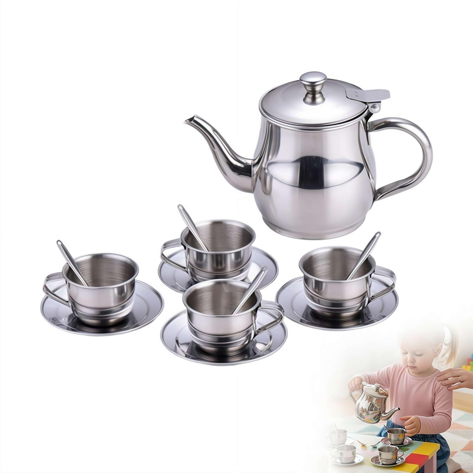 Kids Stainless Steel Tea Set - 6-Piece Unbreakable Metal Teapot & Cups for Pretend Play, Durable Heat-Resistant Toy for Role Play, Toddlers, Boys and Girls