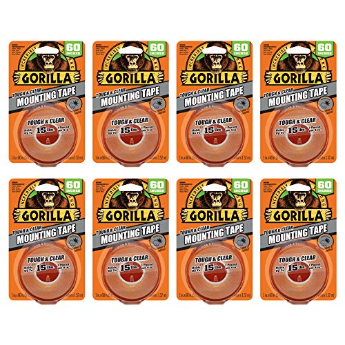 Image of Gorilla Tough & Clear, Double Sided Mounting Tape, Weatherproof, 1 inch x 60 inch, Clear, (Pack of 8)