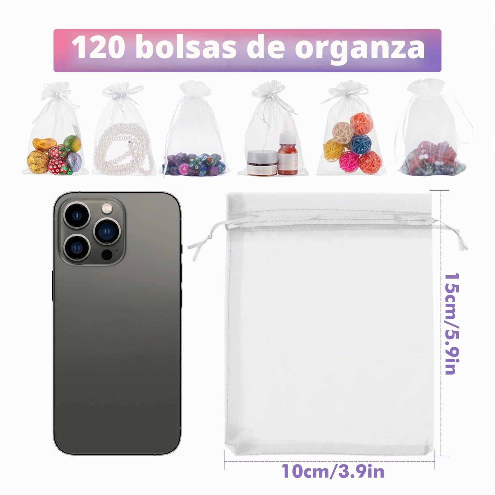 120 Piezas Bolsas de Organza 10x15 CM, Blancas Bolsitas de Tela Pequeñas con Cordóm, Bolsa Organza de Lavanda, Regalo, Joyas, Boda Favores, Caramelos para Festivales Fiestas Bodas Navidad