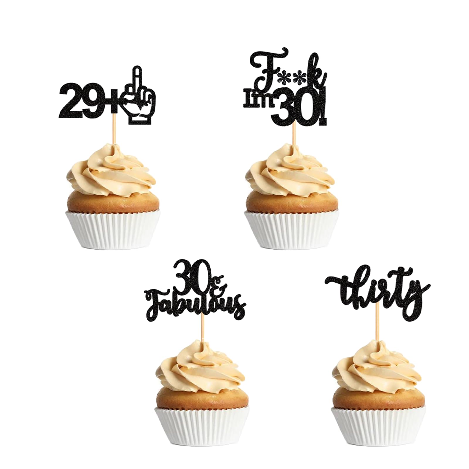 24PCS 30th Birthday Cupcake Toppers Fabulous Thirty I'm 30 Glitter Black 29+1 Cake Toppers Decorations for Cheers to 30 Years Anniversary Happy Birthday Party Supplies