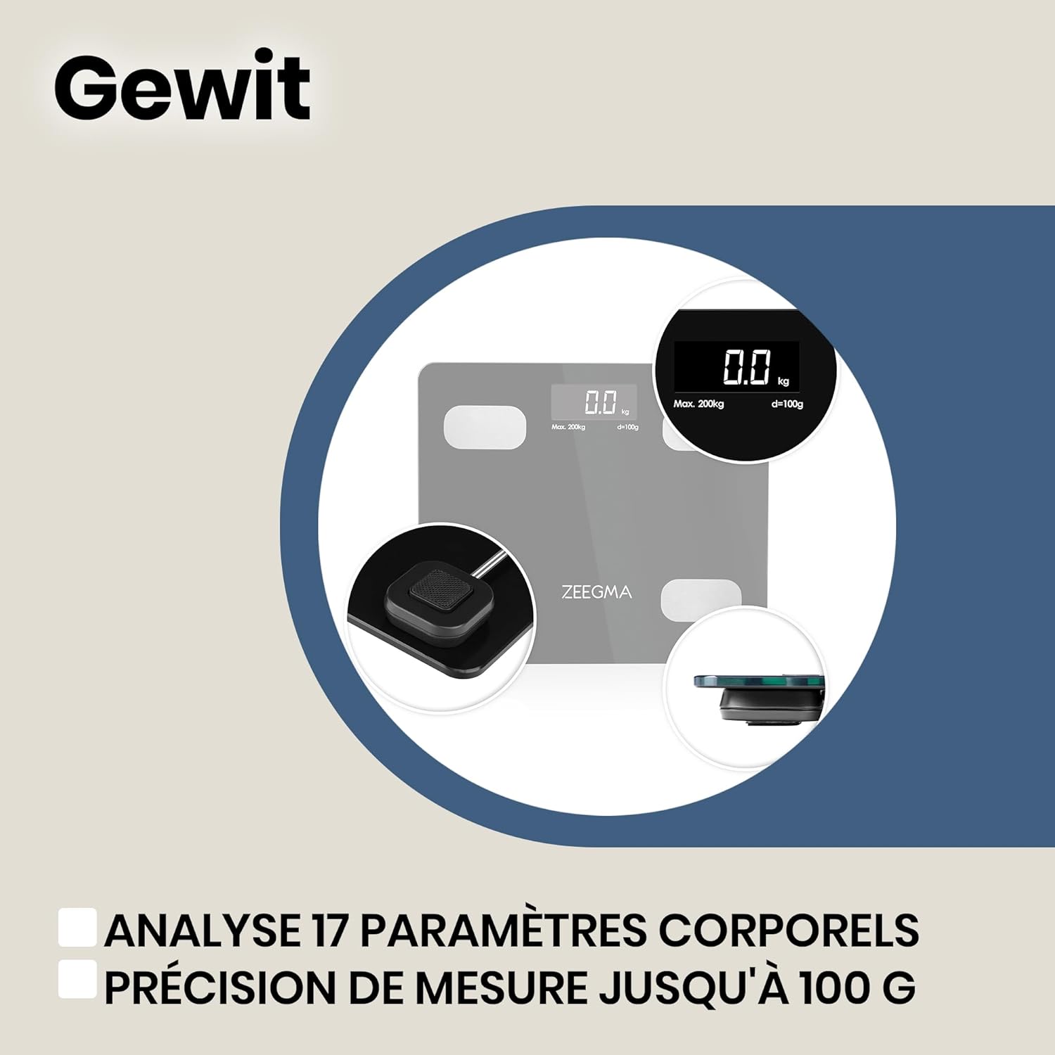 ZEEGMA Gewit scale with text indicating 17 body parameter analysis and 100g measurement precision.