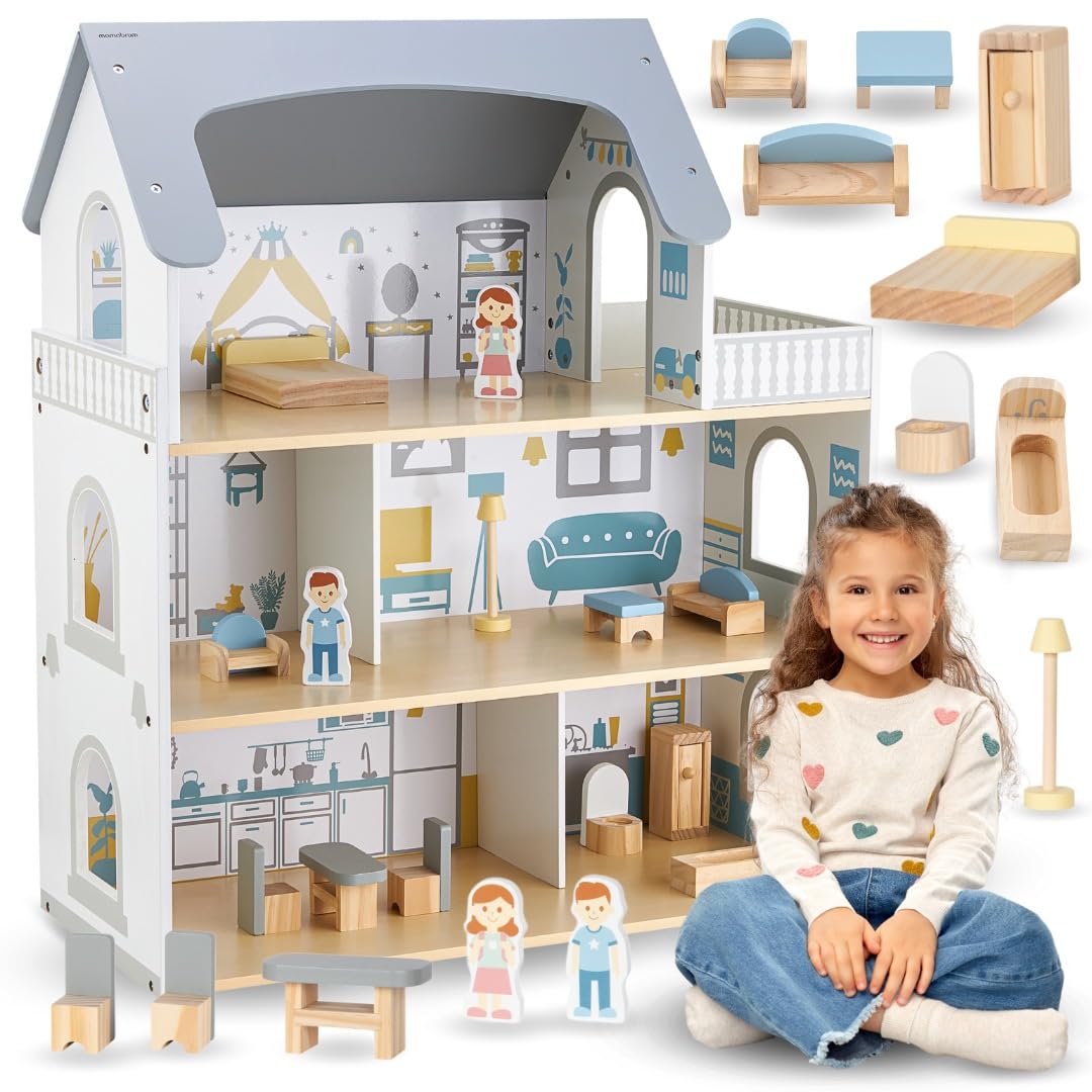 Mamabrum Casa de Muñecas de Madera con 15 Accesorios y 3 Niveles – Casa de Muñecas Grande para Niñas con Muebles, 5 Habitaciones y Terraza – 61 x 38 x 70,​4 cm