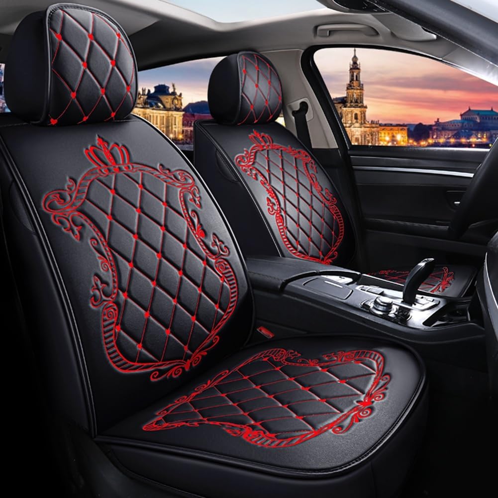 Skysep Crown Car Seat Covers, Fully Surrounded Unisex Seat,Winter Leather Seats Car,PU Leather and 3D Breathable Fabric (Black-Red)