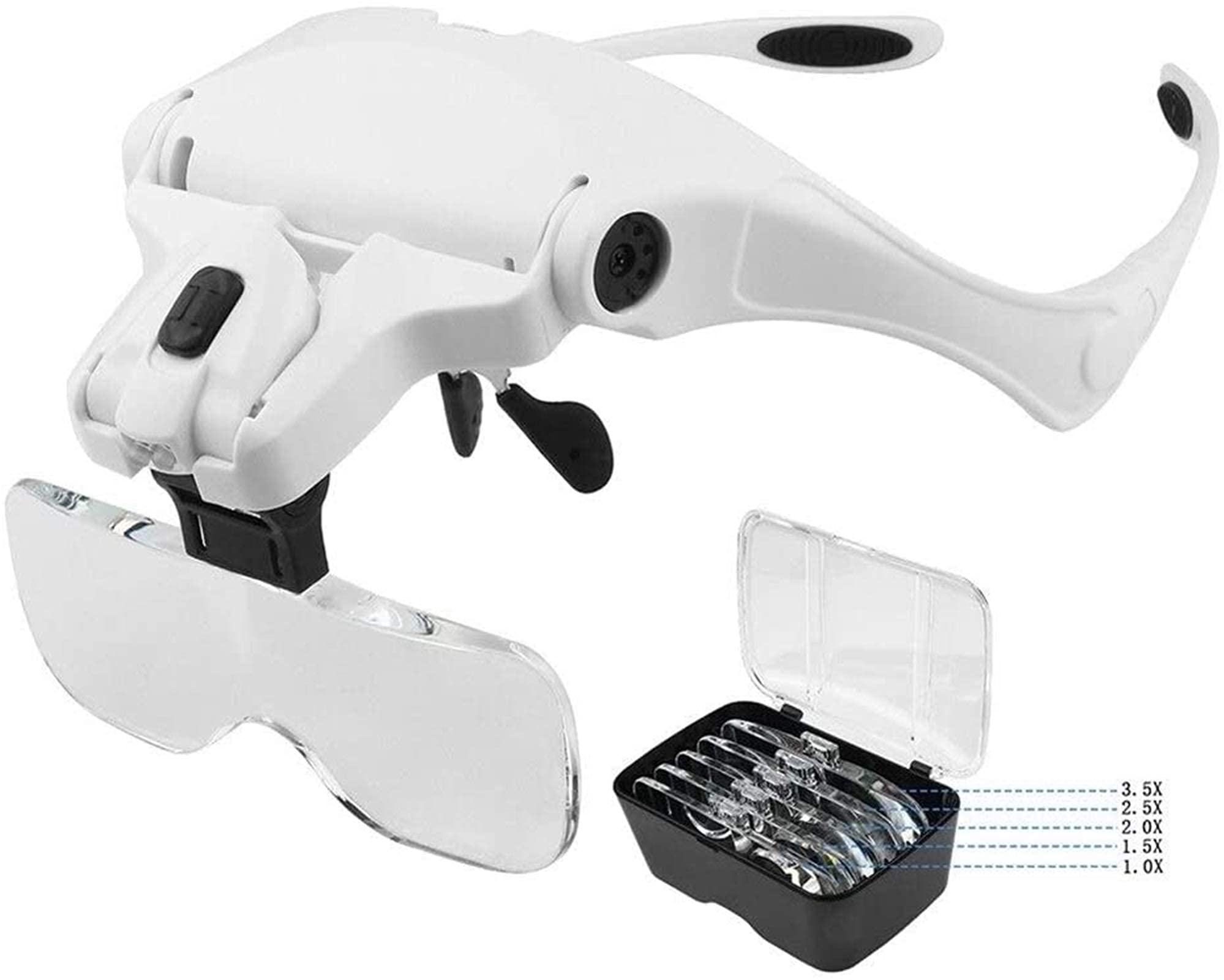 Lupa de Diadema, Gafas de Aumento con luz para la Cabeza, Lupa de Diadema con 5 Lentes de 1.0X a 3.5X con Soporte Ajustable y 2 Luces, Herramienta de Aumento para Lectura de Joyas.