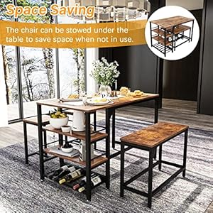 Rxicdeo Dining Room Table Set for 4, Kitchen Table with 1 Bench and 2 Chairs, Kitchen & Dining Room Tables with Wine Rack and Storage Shelf, Space-Saving Dinette for Kitchen, Dining Room (Brown) - immagine 3