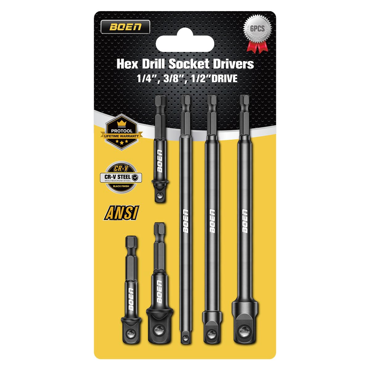 BOEN 6-Piece Impact Grade Socket Adapter Set, 3-Inch & 6-Inch Hex Shank Extension Bit, 1/4", 3/8", and 1/2" Drive, Adapt Your Power Drill To High
