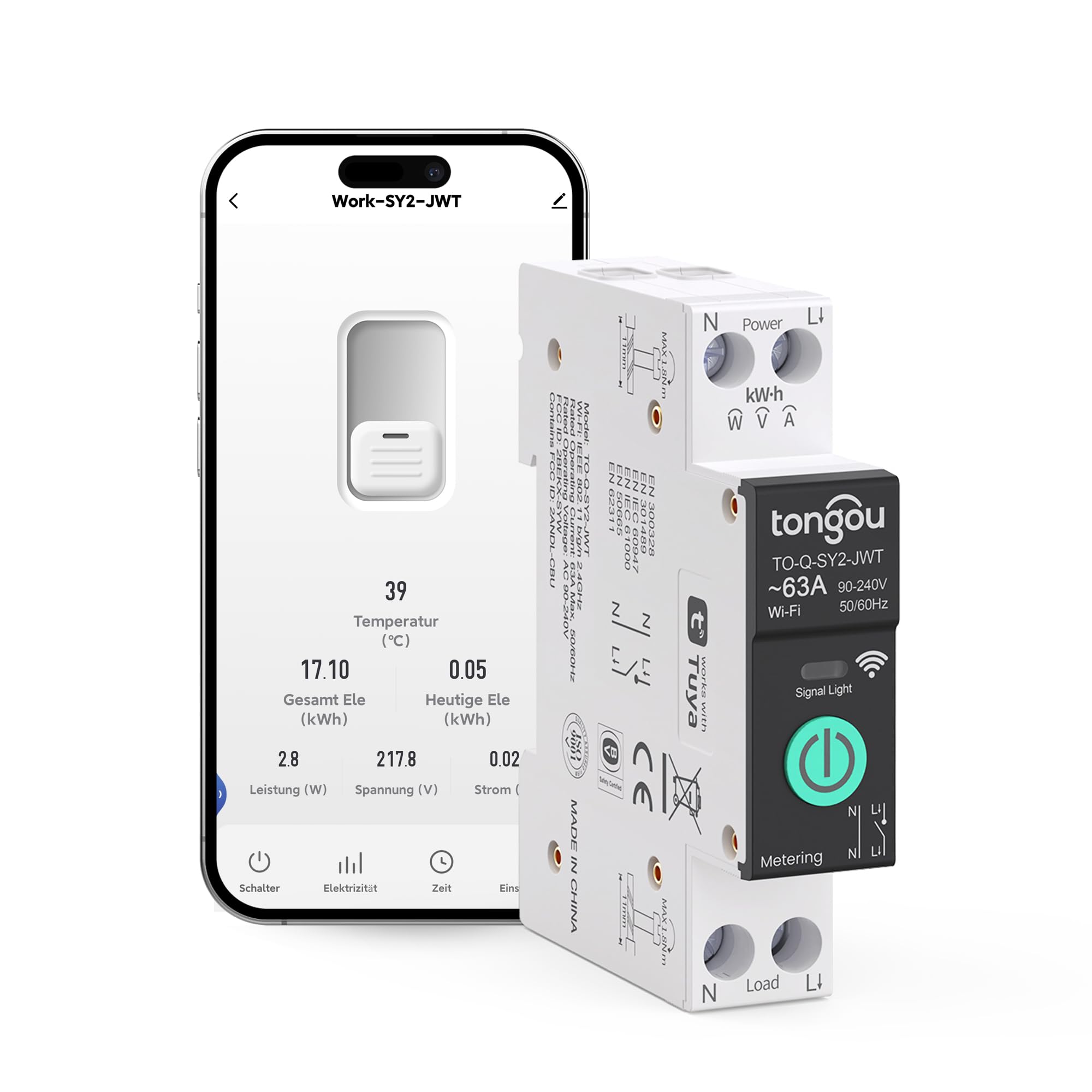 TONGOU SY2 JWT | WLAN Relé Inteligente Interruptor | Medición Potencia | Automatización Hogar | TUYA APP​ NO Hub Requerido | Control Inalámbrico Iluminación +Electrodomésticos