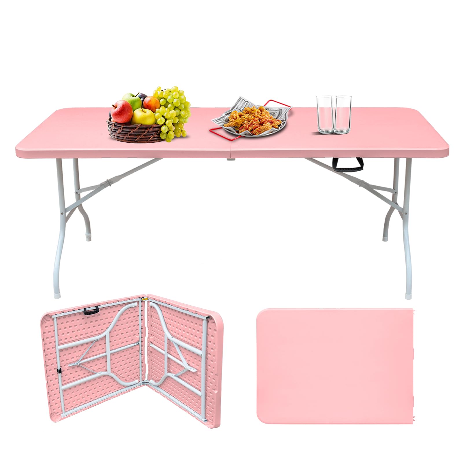 ICSPOID Portable Plastic Folding Table 4ft/6ft/8ft Heavy Duty White Black Picnic Dining Table Fold-in-Half for Camp Party Kitchen Indoor Outdoor (Pink