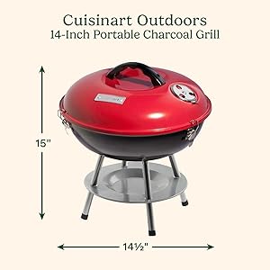 Cuisinart 14" Portable Charcoal Grill, Tabletop Outdoor Small Grill with Locking Lid and Dual Vents, Chrome Plated Travel Size BBQ Perfect for Camping, Tailgates, Cookouts, Red