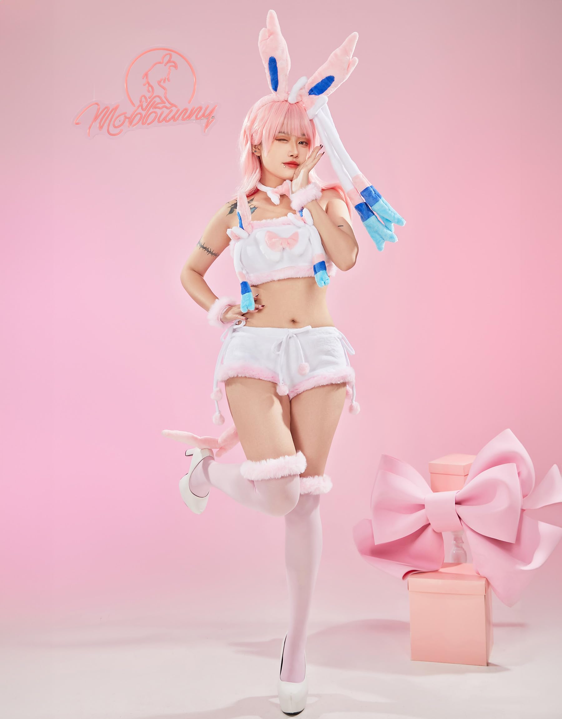 Mobbunny Women Cute Pajamas Set Pink Furry Tube Top and Shorts Anime Cosplay Homewear Sleepwear