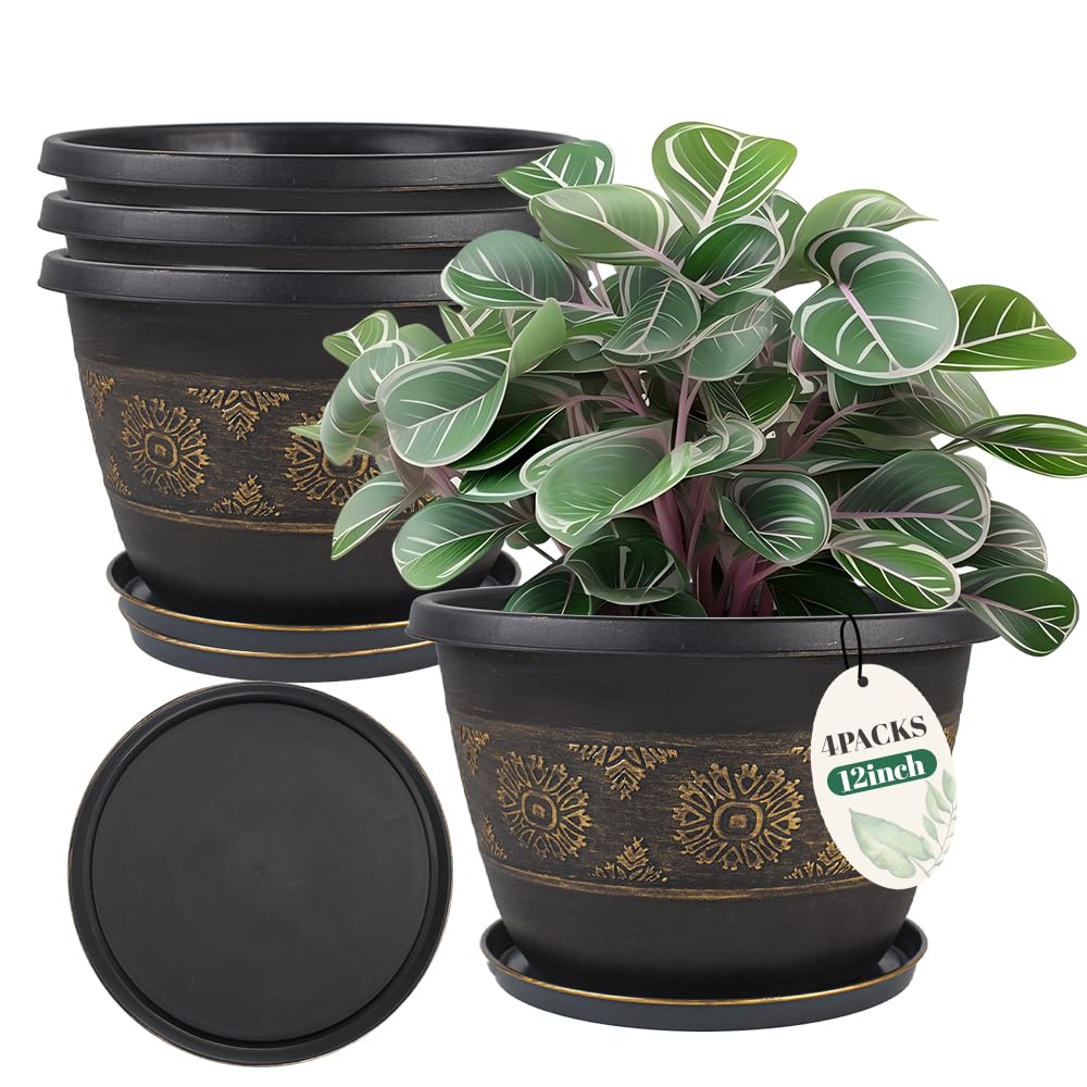 Usocik 4 Pack 12 inch Plant Pots, Retro Pattern Planters with Drainage Holes and Saucer, Sturdy Plastic Garden Flower Pots for Indoor & Outdoor Plants Gold