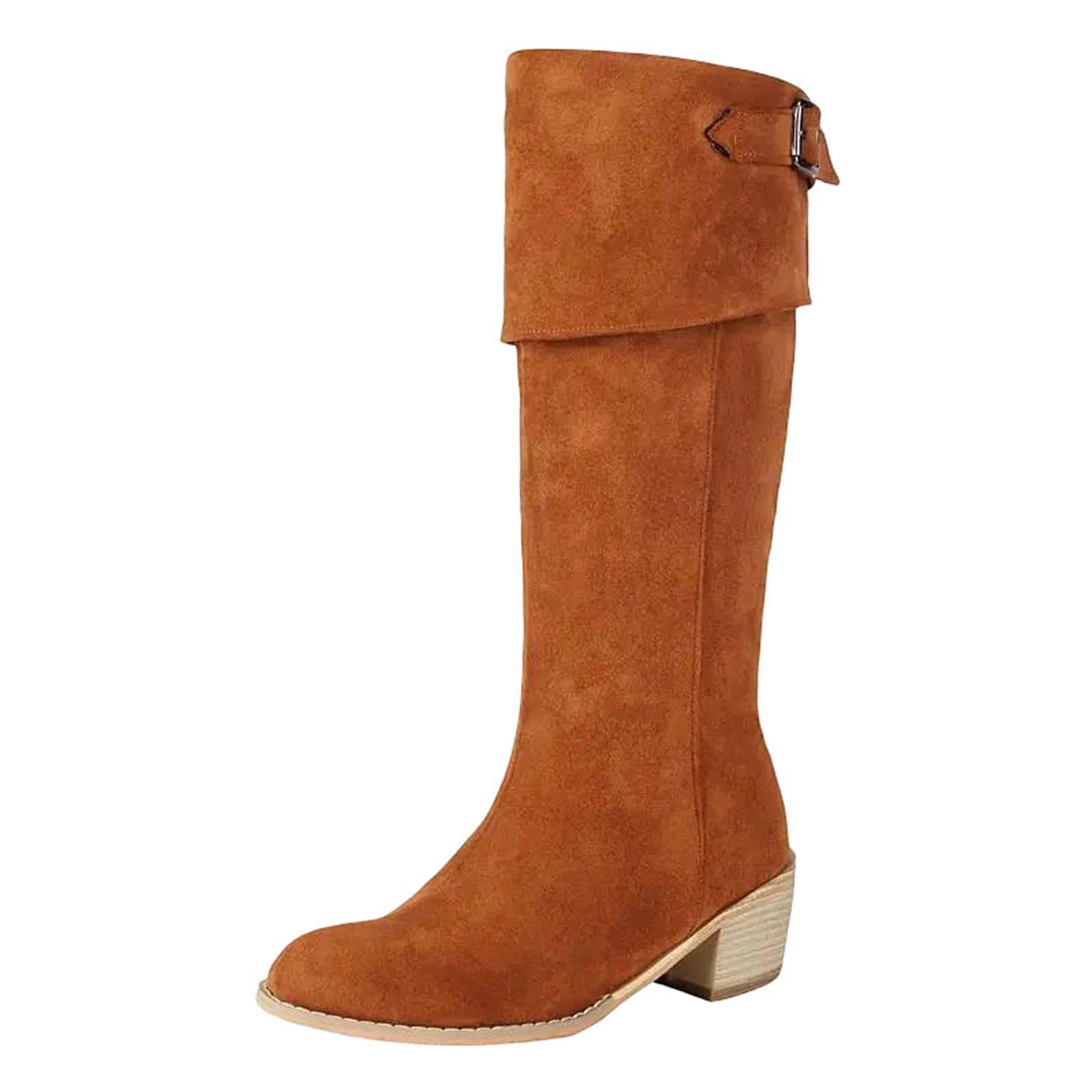 Ladies Knee High Riding Boots Round Toe High Block Heel Slip-On Style With Metal Decoration For Casual Wear