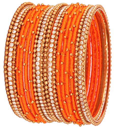 Image of NMII Non-Precious Metal with Base Metal and Zircon Gemstone Studded Ball Chain Linked Glossy Finished Silk thread Bangle set for Women and Girls