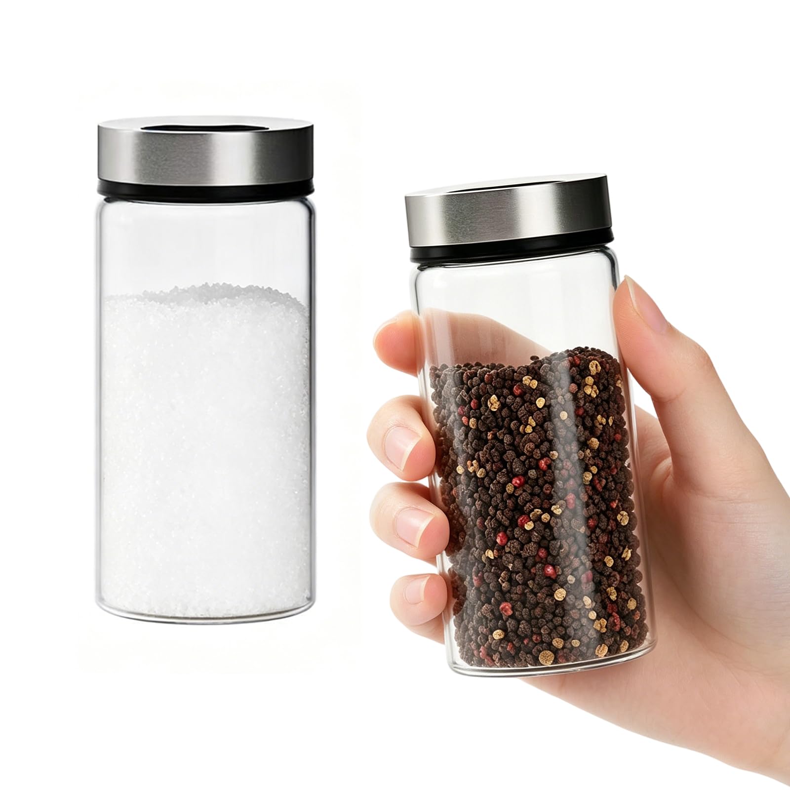 Zestaw 2 mini solniczek i pieprzniczek, 4 w 1, mała solniczka z pokrywką, 170 ml, szklana solniczka z regulowanymi wylewkami, do kuchni, grilla i akcesoriów do gotowania