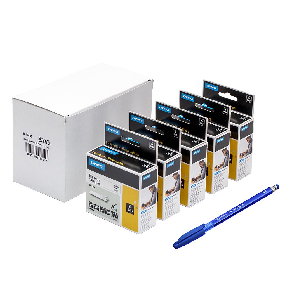 Dymo 18443 Rhino - Etiquetas industriales de vinilo autoadhesivas, 9 mm x 5,5 m, impresión negra sobre blanco + bolígrafo PaperMate