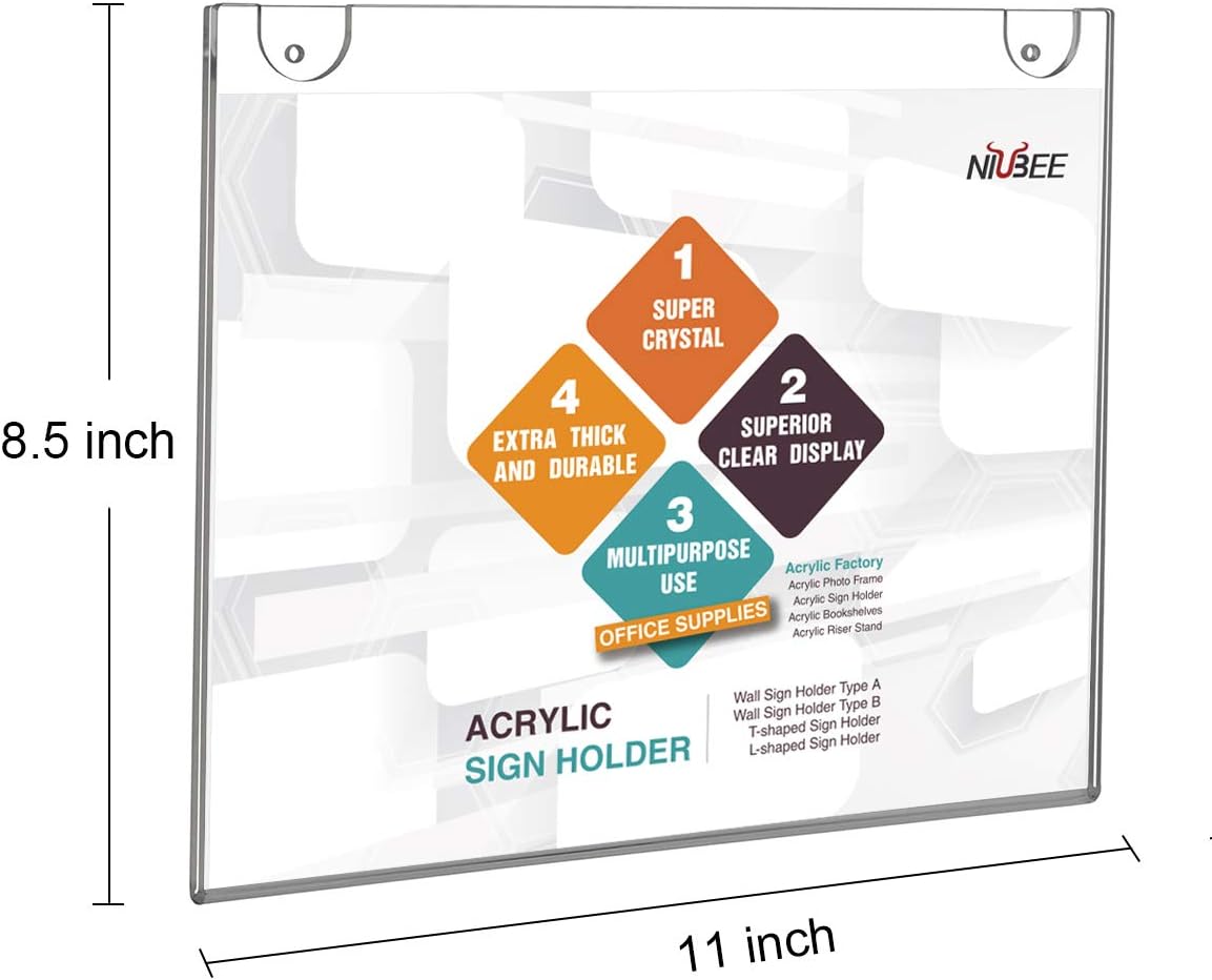 NIUBEE 3-Packs Acrylic Wall Sign Holder 8.5x11 Horizontal, Clear Plastic Picture Frames , Wall Mounted Design, Support No Drilling (Provide 3M Tape and Mounting Screws) - Image 2