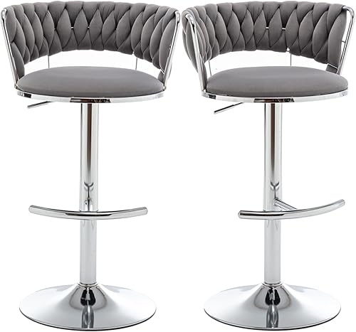 Juego de 2 taburetes de bar de terciopelo, taburetes de bar con respaldo bajo, taburete de bar giratorio para isla de cocina, pub (gris)