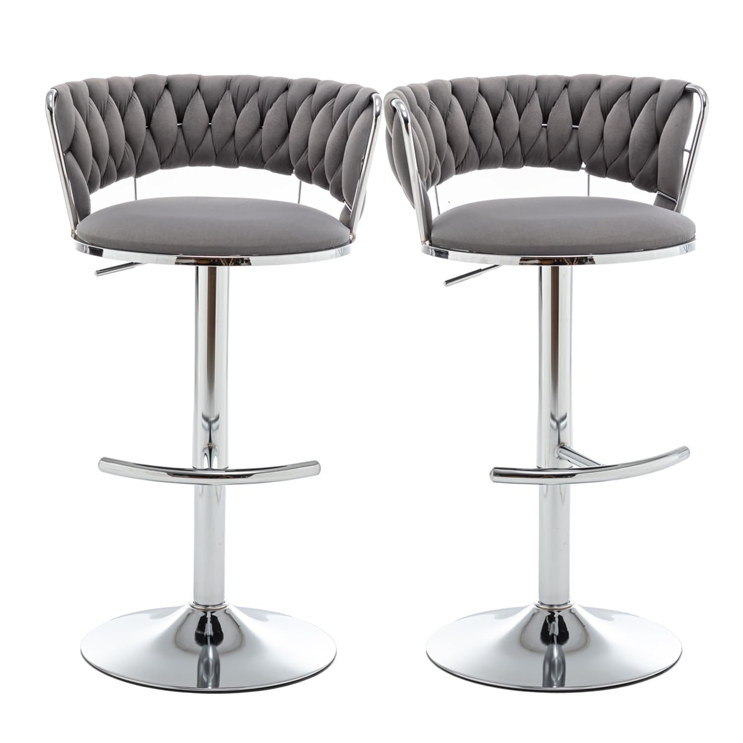 Riknuxi Velvet Bar Stools Set of 2, Counter Height Barstools with Low Back, Swivel Bar Stool for Kitchen Island, Pub (Grey)