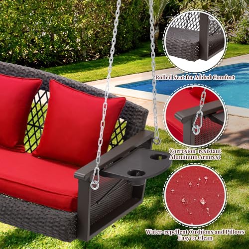 Image of HOMREST 3-Person Wicker Porch Swing with Upgraded Cup Holder, 56 Inch Patio Hanging Swing Bench Chair with Cushions, Outdoor Swing 900lbs Capacity Chains for Deck Garden Backyard (Red)