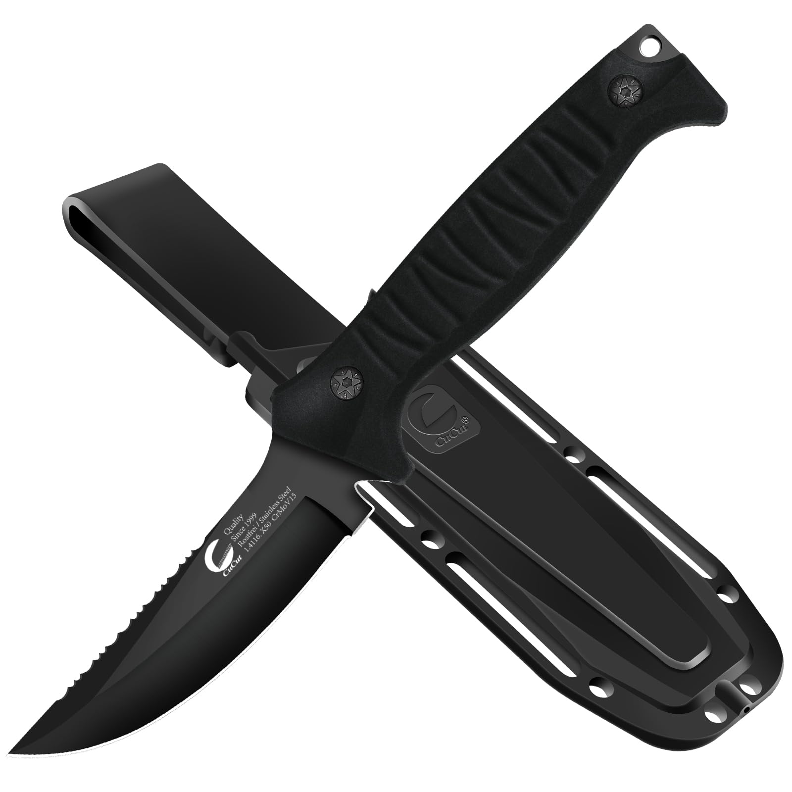 Full Tang Fixed Blade Knife with Sheath - 4-inch Crescent Type Carbon Steel Blade, Black Non-Stick Finish, Non-Slip Handle Camping Knife for Outdoor, Survival, Fishing, Hiking, Black