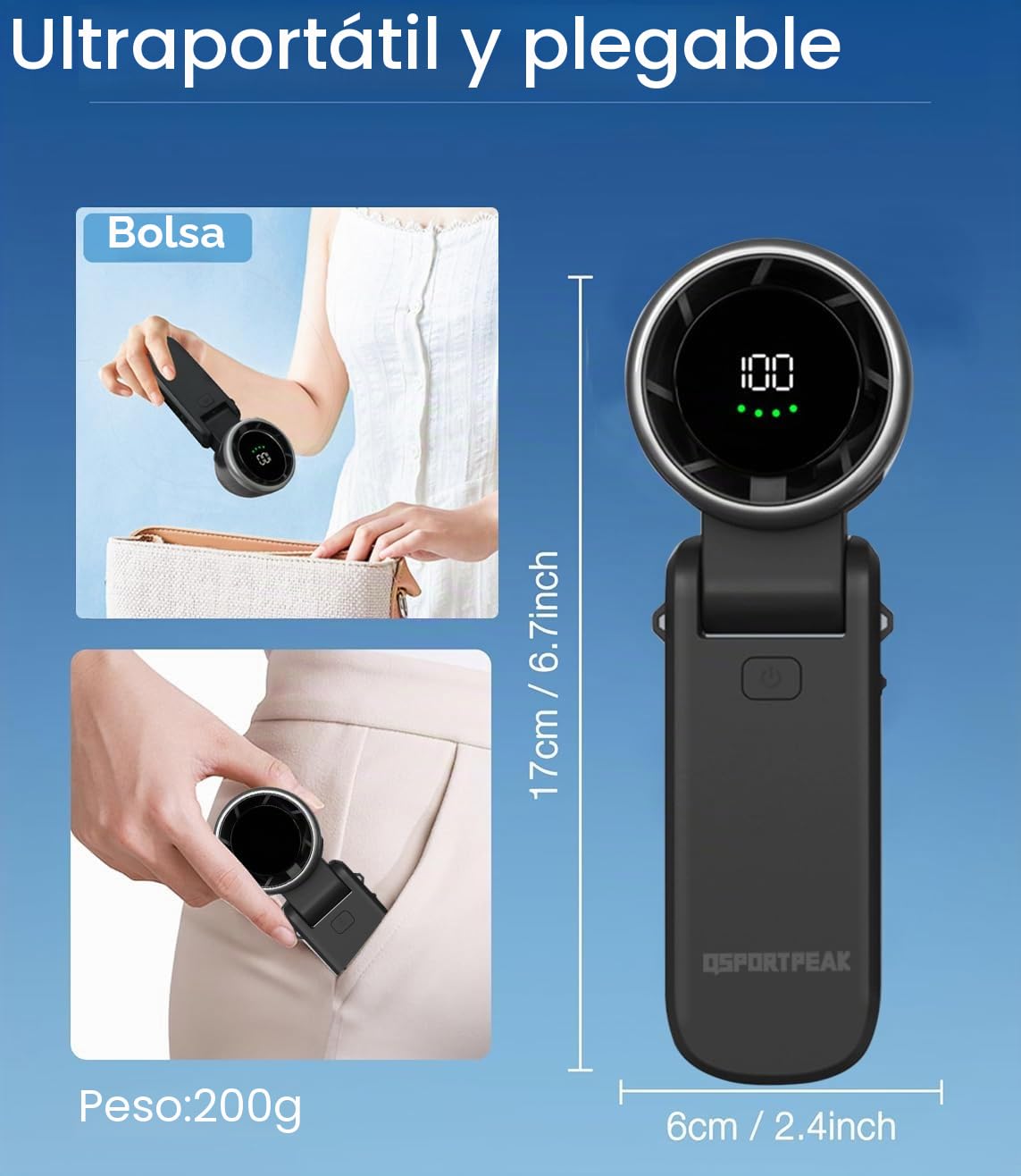 Ventilador portátil turbo de mano,Ventilador USB con Ajustable de Velocidad(1-100) y Motor sin Escobillas,Ventilador Plegable de ventilador de mano/escritorio/cuello 3 en 1 para Viajes Cámping-negro