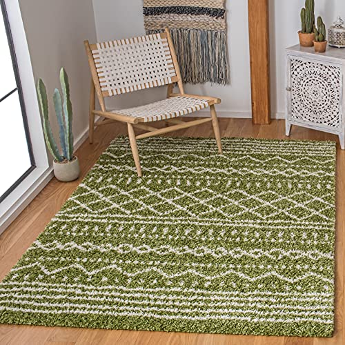Image of SAFAVIEH Arizona Shag Collection 5'1" x 7'6" Green/Ivory ASG741X Moroccan Non-Shedding 1.6-inch Thick Living Room Dining Bedroom Area Rug