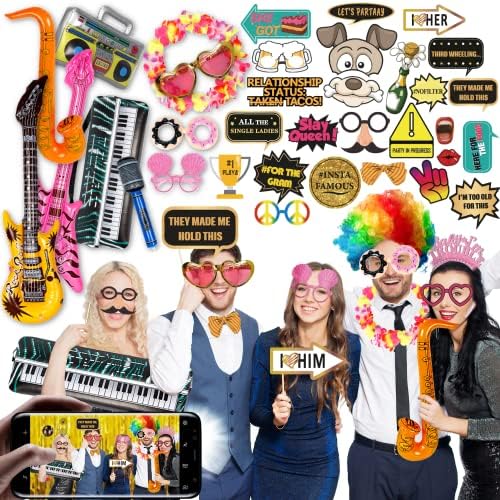 70 Pc Large Premium Photo Booth Props Set for All Occasions - Wedding Props, Birthday Props, Graduation Props, Inflatables, Large Glasses, Multi-Colored Wig, Hawaiian Lei, Funny Signs, Hand Pump