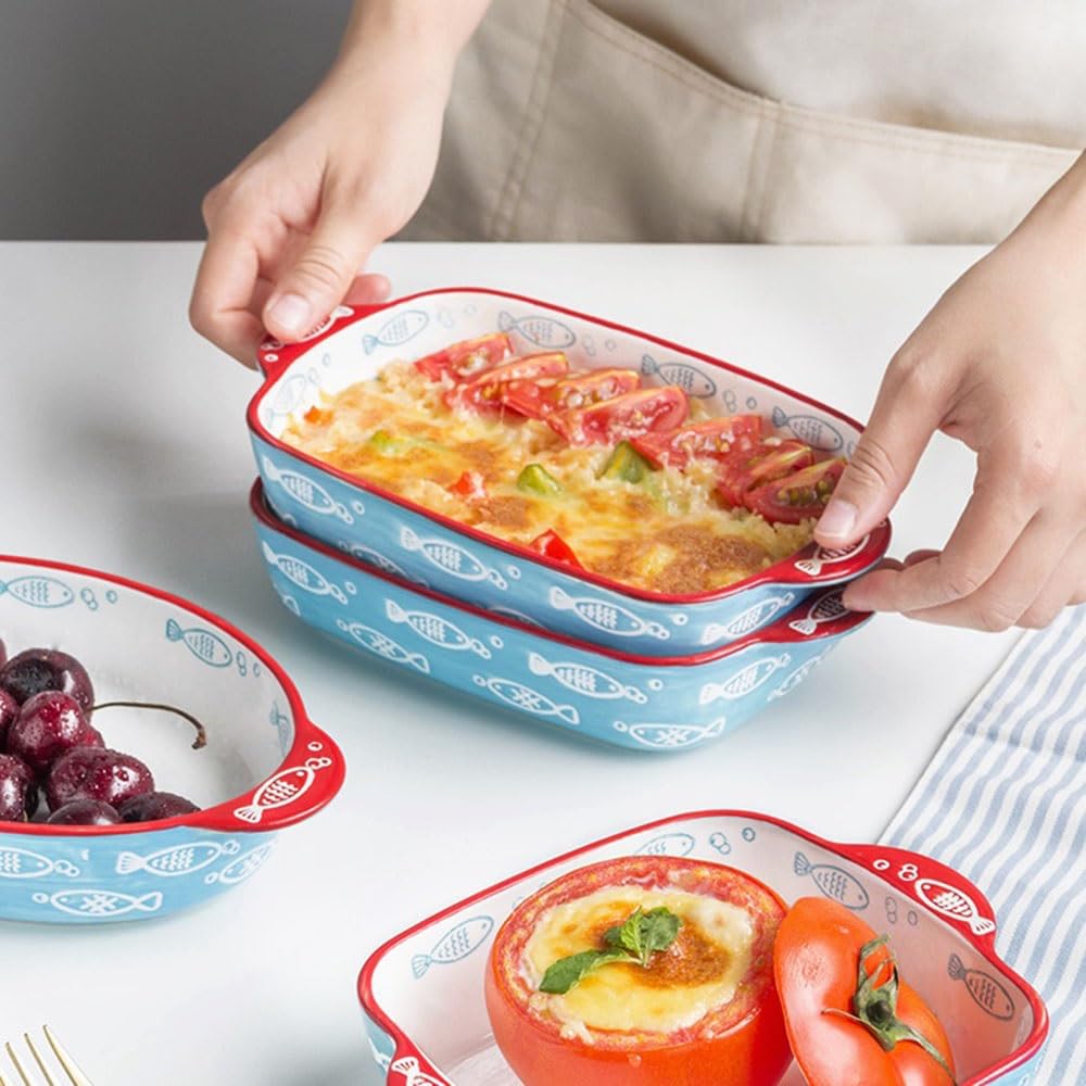 Plat de Cuisson Ensemble de 2 moules à pâtisserie en céramique for la Maison, Vaisselle carrée Double poignée, casseroles allant au Four, Assiette Salade