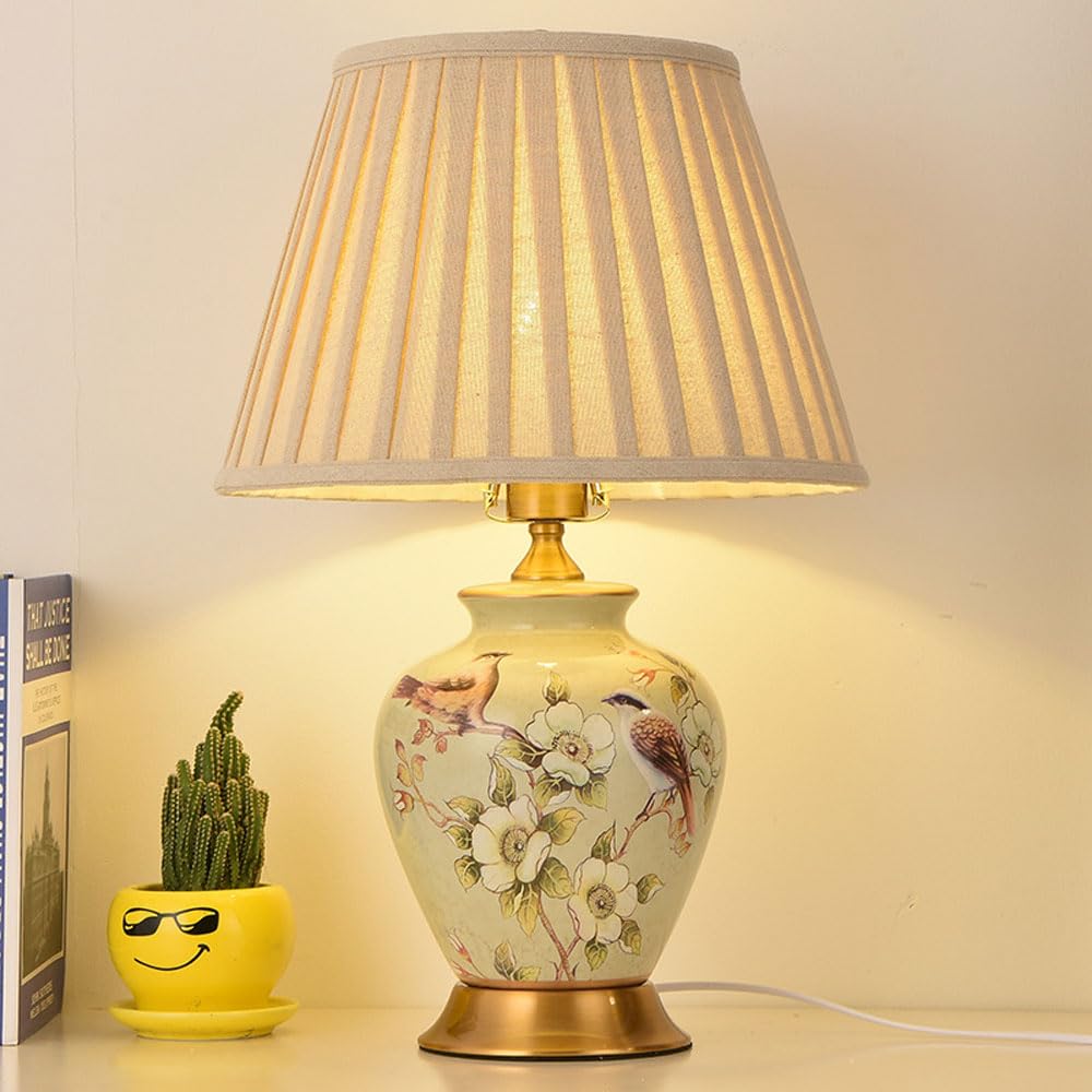 SGKOMN Farmhouse Ceramic Table Lamps For Nightstand, Chinoiserie Ceramic Table Lamp For Bedroom, Table Lamp For Living Room Single, Decorative Lamp, Ceramic Lamp For Home-A-33 * 55CM