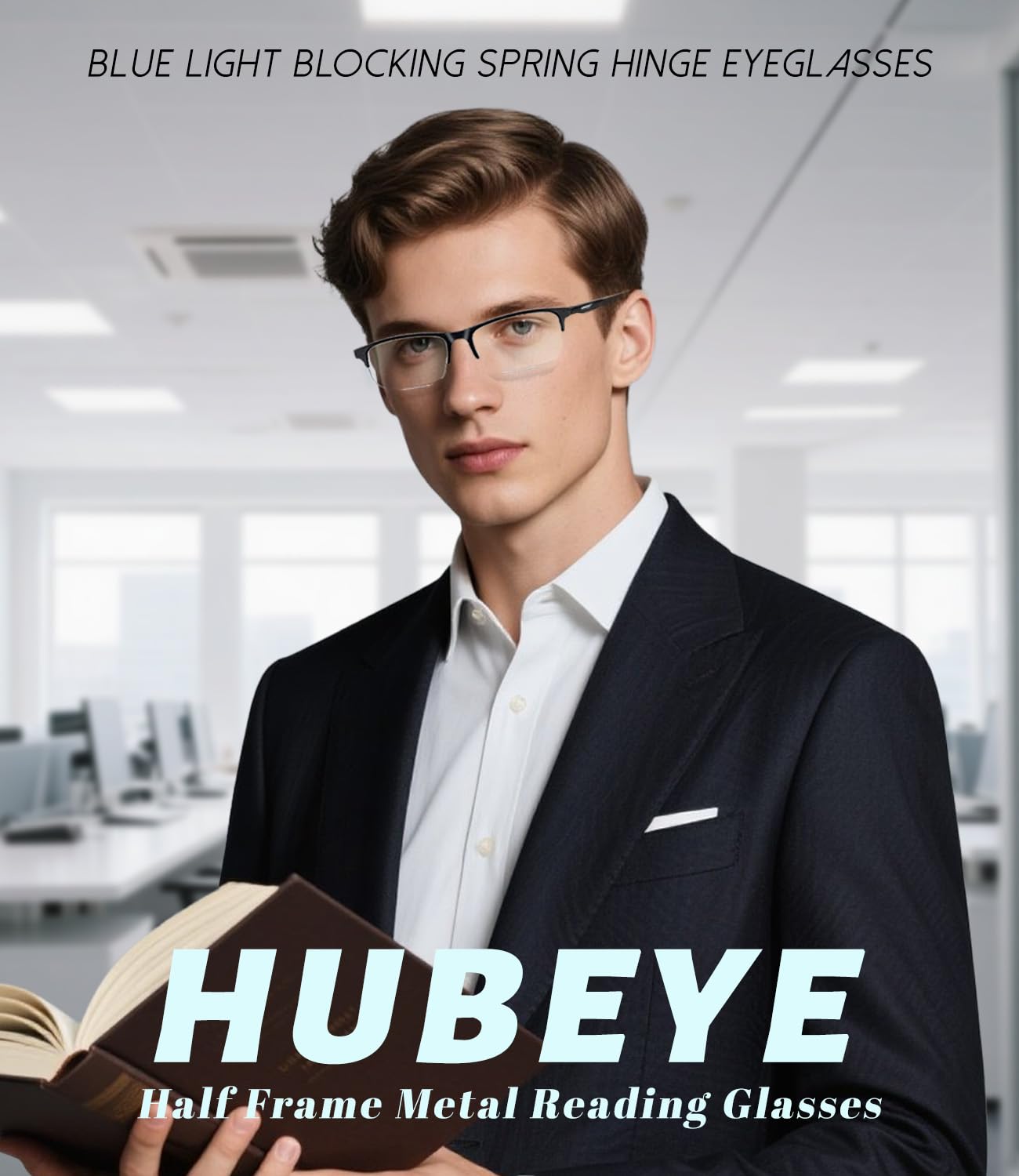 Hubeye Gafas de lectura Multifocales Progresivas para Mujeres y Hombres Marco Metálico Cuadrado Anteojos de lectura de Metal Gafas anti luz azul (Negro+Negro, 2.00)