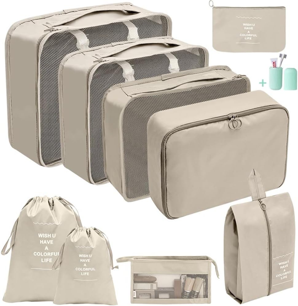 10 PCS Packing Cubes for Suitcase Luggage – Waterproof Travel Organizers, Beige 10 PCS Packing Cubes for Suitcase Luggage – Waterproof Travel Organizers, Beige