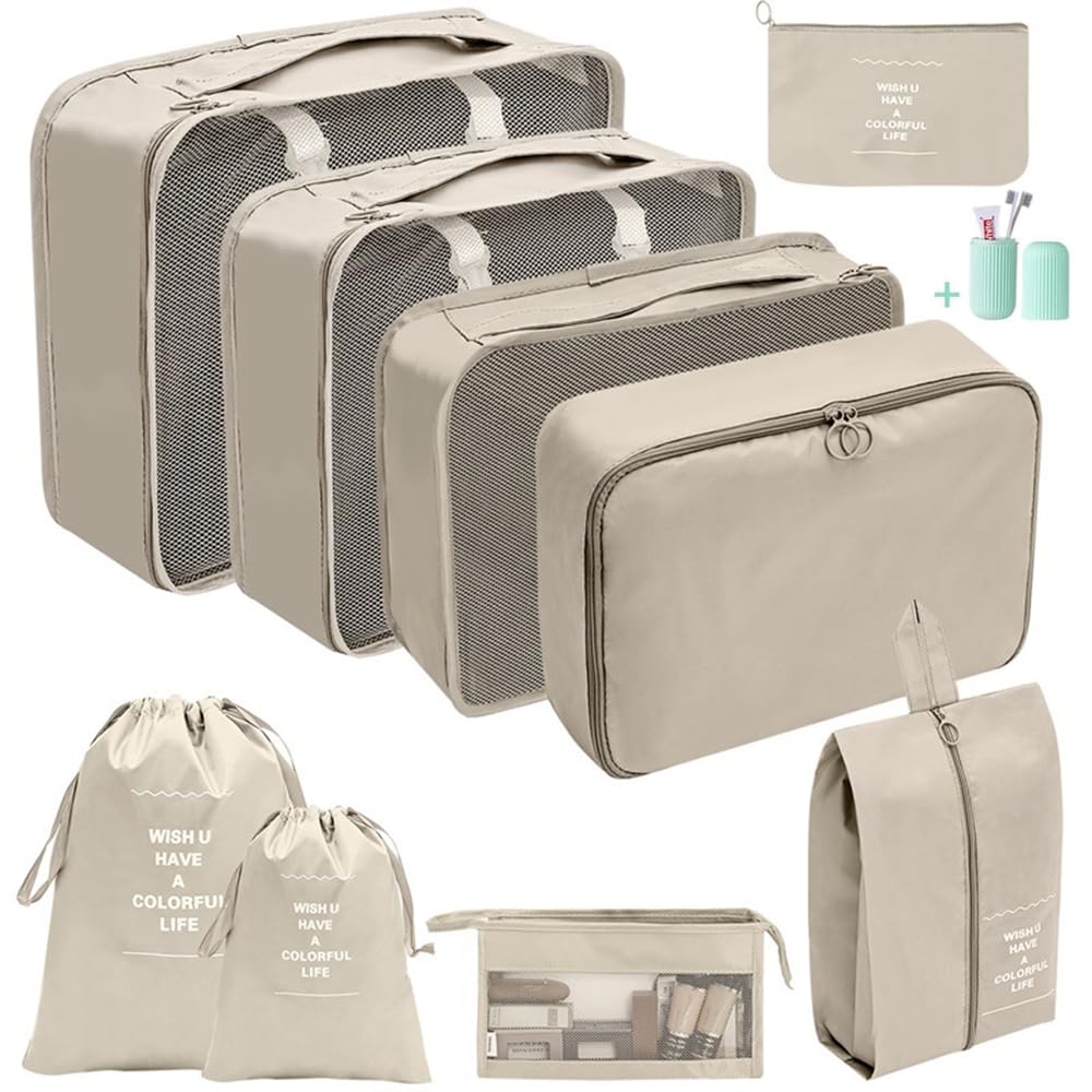 10 PCS Packing Cubes for Suitcase Luggage - Waterproof Travel Organizers, Beige