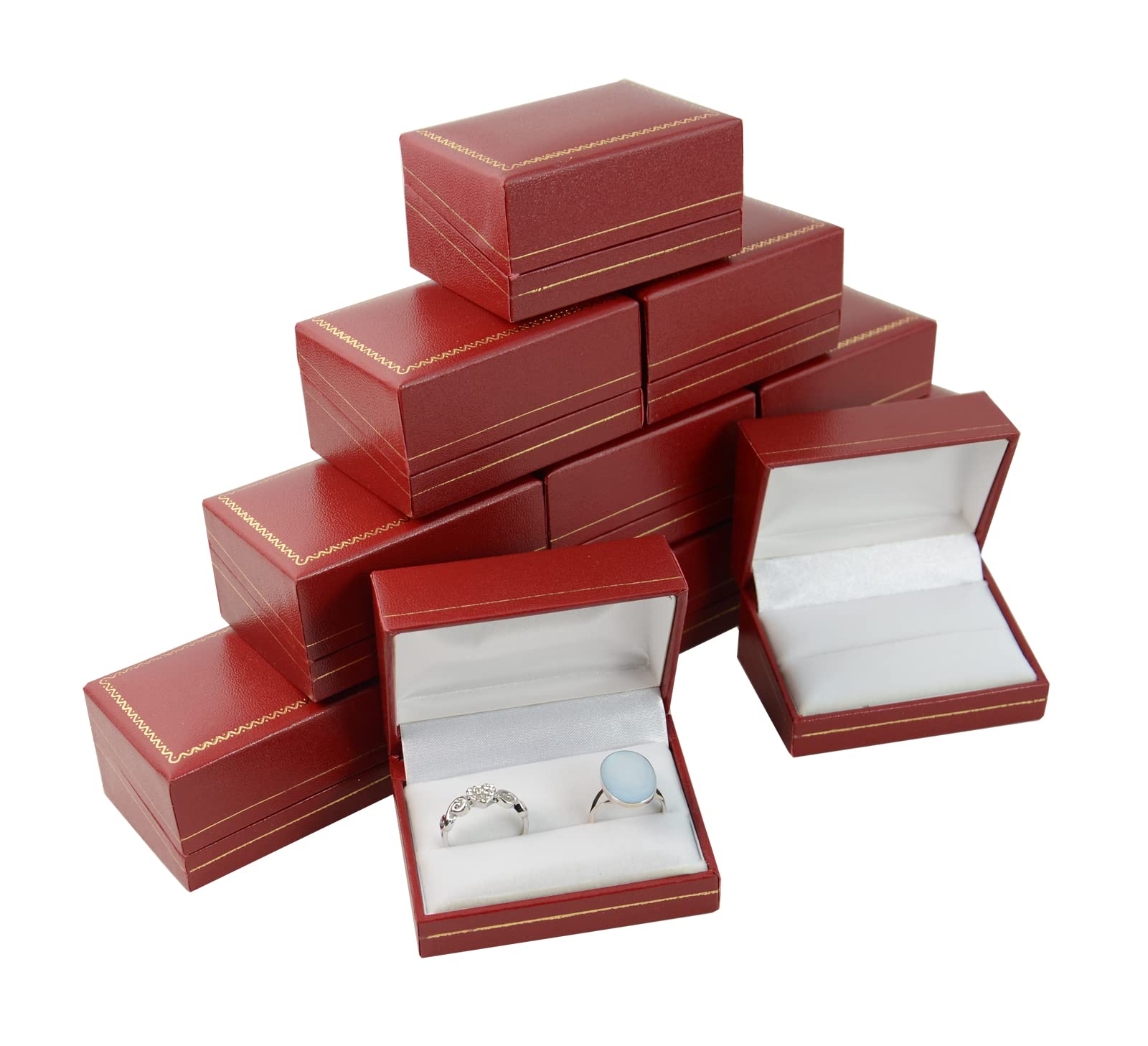 Box Displays Gold Red Leatherette Classic Swirl Trim Double Ring Jewellery Showcase Presentation Adornment (Number Of Boxes 12)