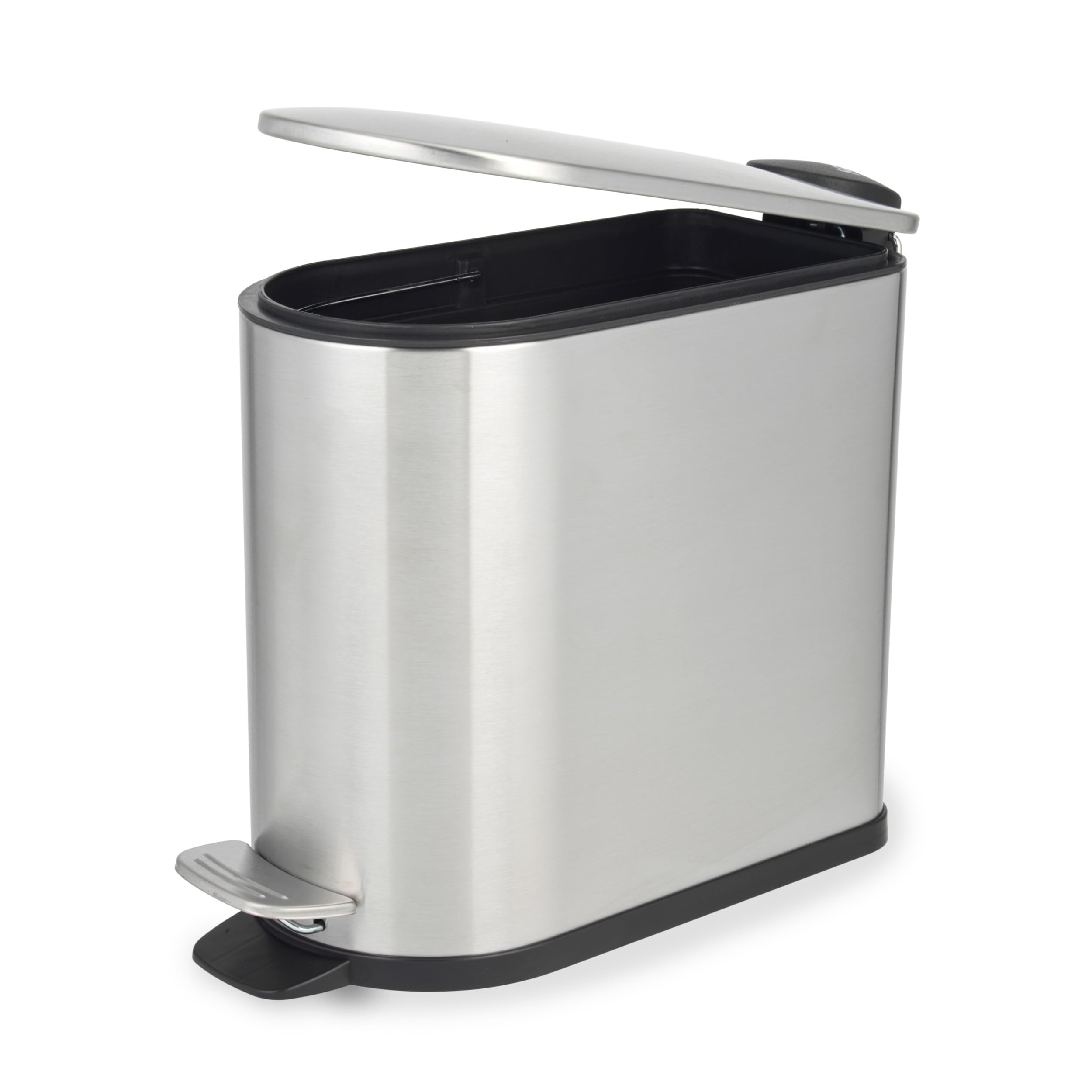 Beldray Bathroom Pedal Bin – 5 Litre Small Bathroom, Soft Closing Lid with Pedal, D-Shaped Sanitary Waste Bin for Bedroom, Office, Kitchen, Space-Saving, Stainless Steel, Silver