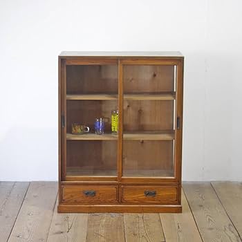 【在庫整理価格】昭和レトロ　木製　茶箪笥　戸棚 Amazon.co.jp: レトロ食器棚飾り棚本棚収納引き戸ガラス扉無垢材