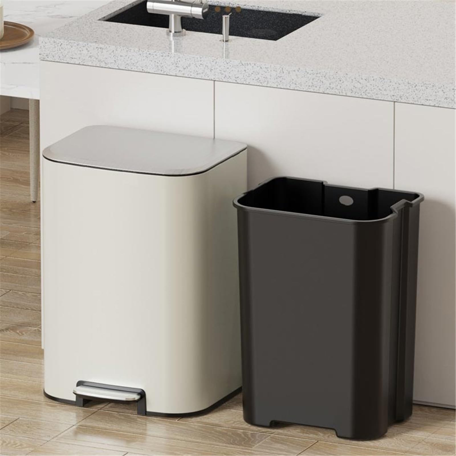Badezimmer-Mülleimer Küchenabfalleimer, 18 l Edelstahl-Küchenabfalleimer mit Tretmechanismus, Deckel und Inneneimer, Soft-Close-Funktion