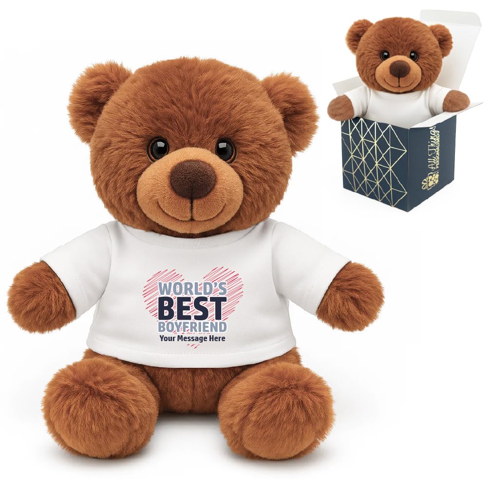 Personalised Dark Brown Teddy Bear with World's Best Boyfriend Design, Gift Boxed, Personalise with Any Message for Valentines, Anniversaries