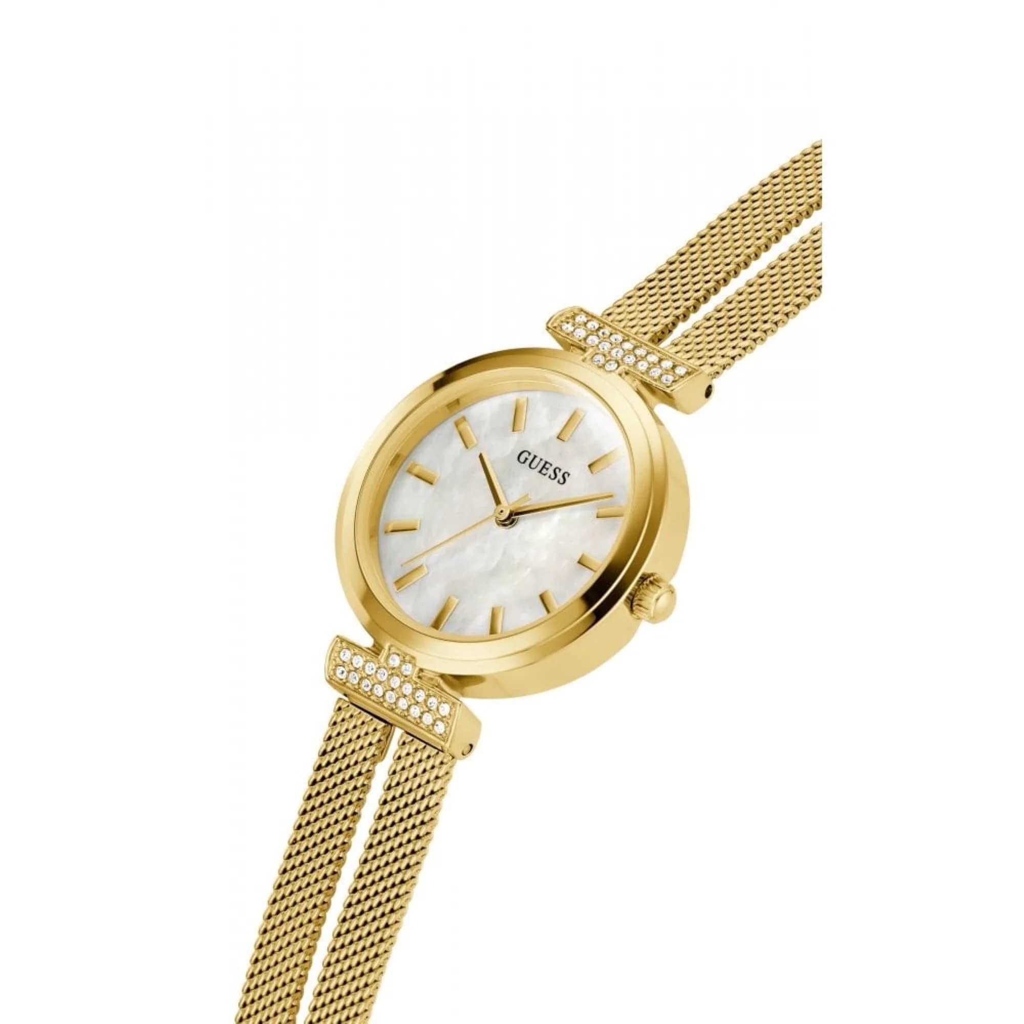 Guess Array Damen Armbanduhr, Edelstahl, 28 mm, Edelstahlarmband, Farbe: Gold, 3 bar, Zifferblatt: Silber, Datumsanzeige, GW0471L2